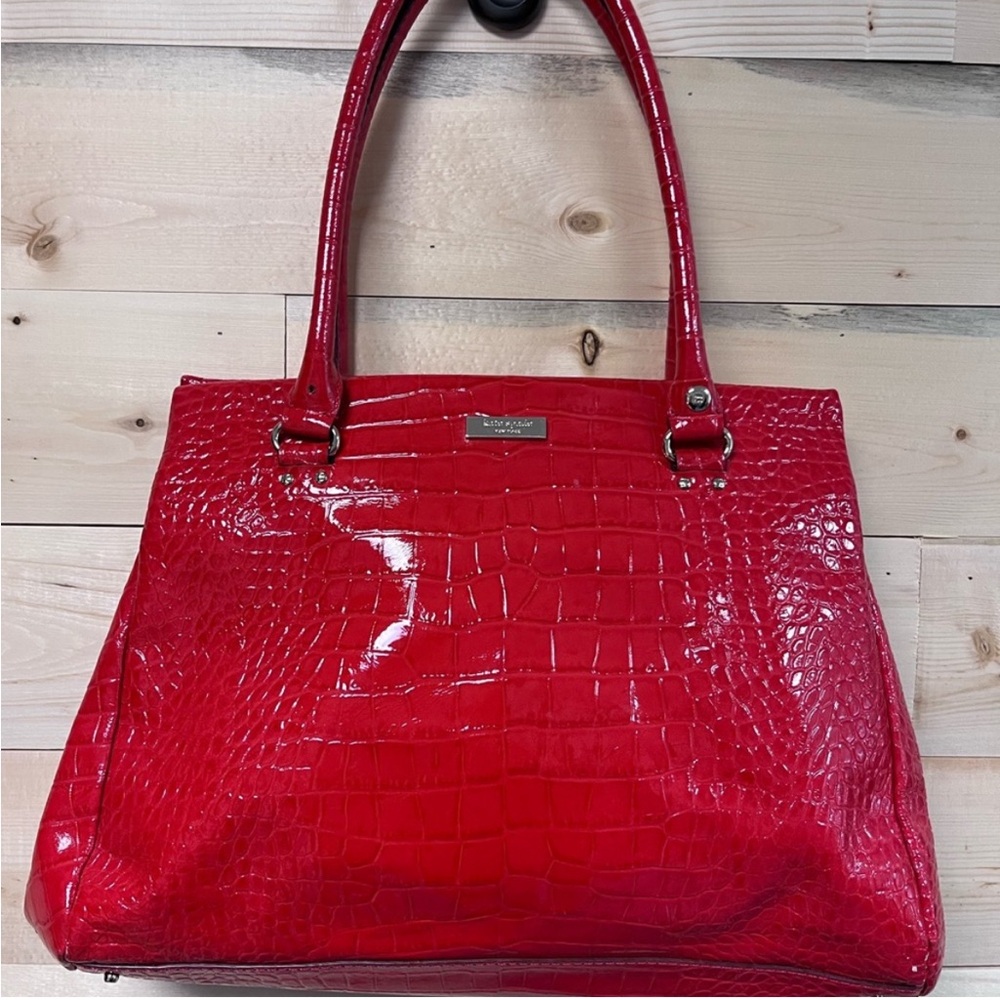 Kate Spade Red Crocodile-Embossed Patent Leather Tote Shoulder Bag